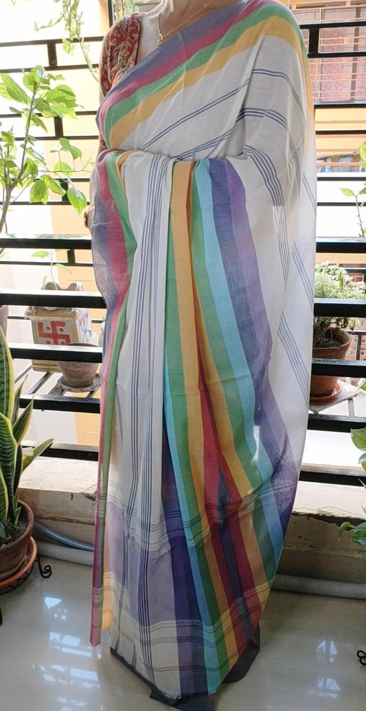 Multi Colored Stripped Korke Dure White Saree