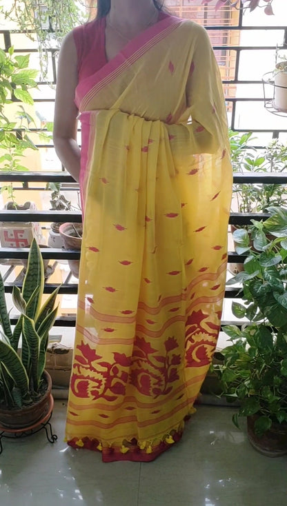 Yellow & Pink handspun Pure Muslin Cotton handloom Jamdani