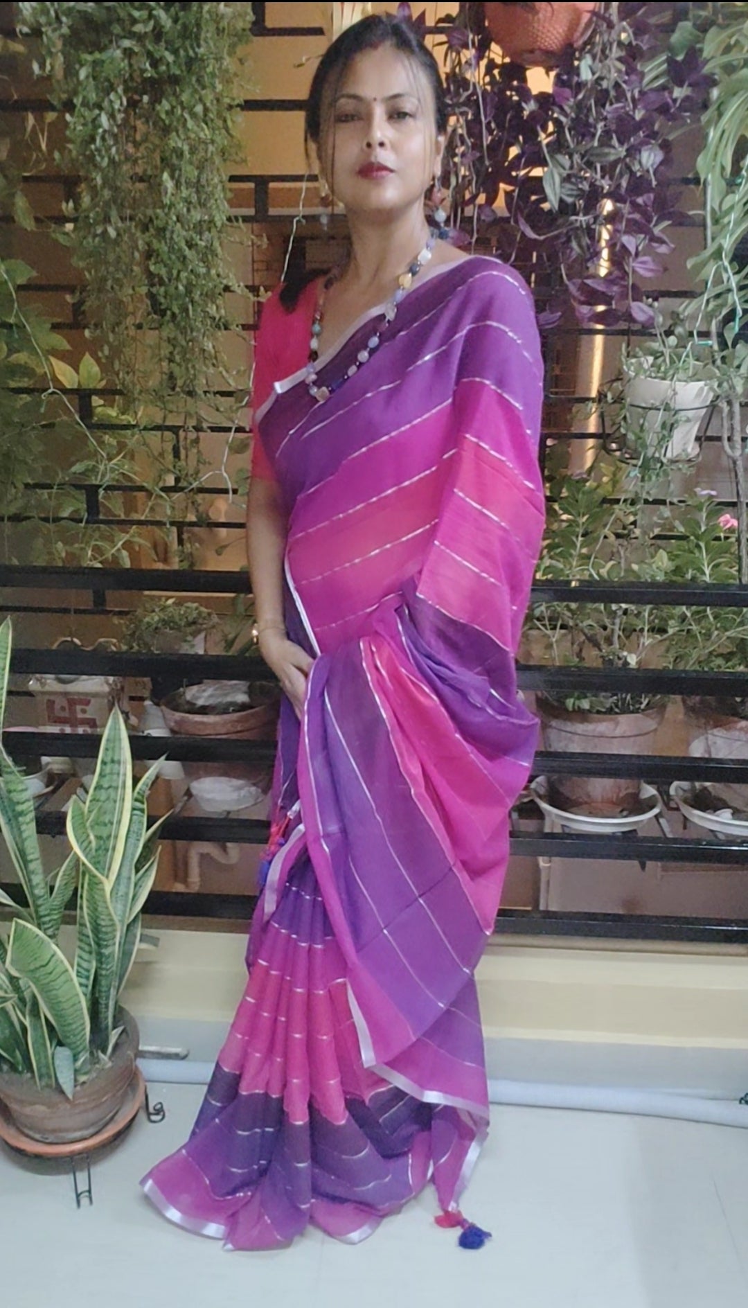 Pink based Multicolored Mul Cotton Silver zari stripped Handloom Saree