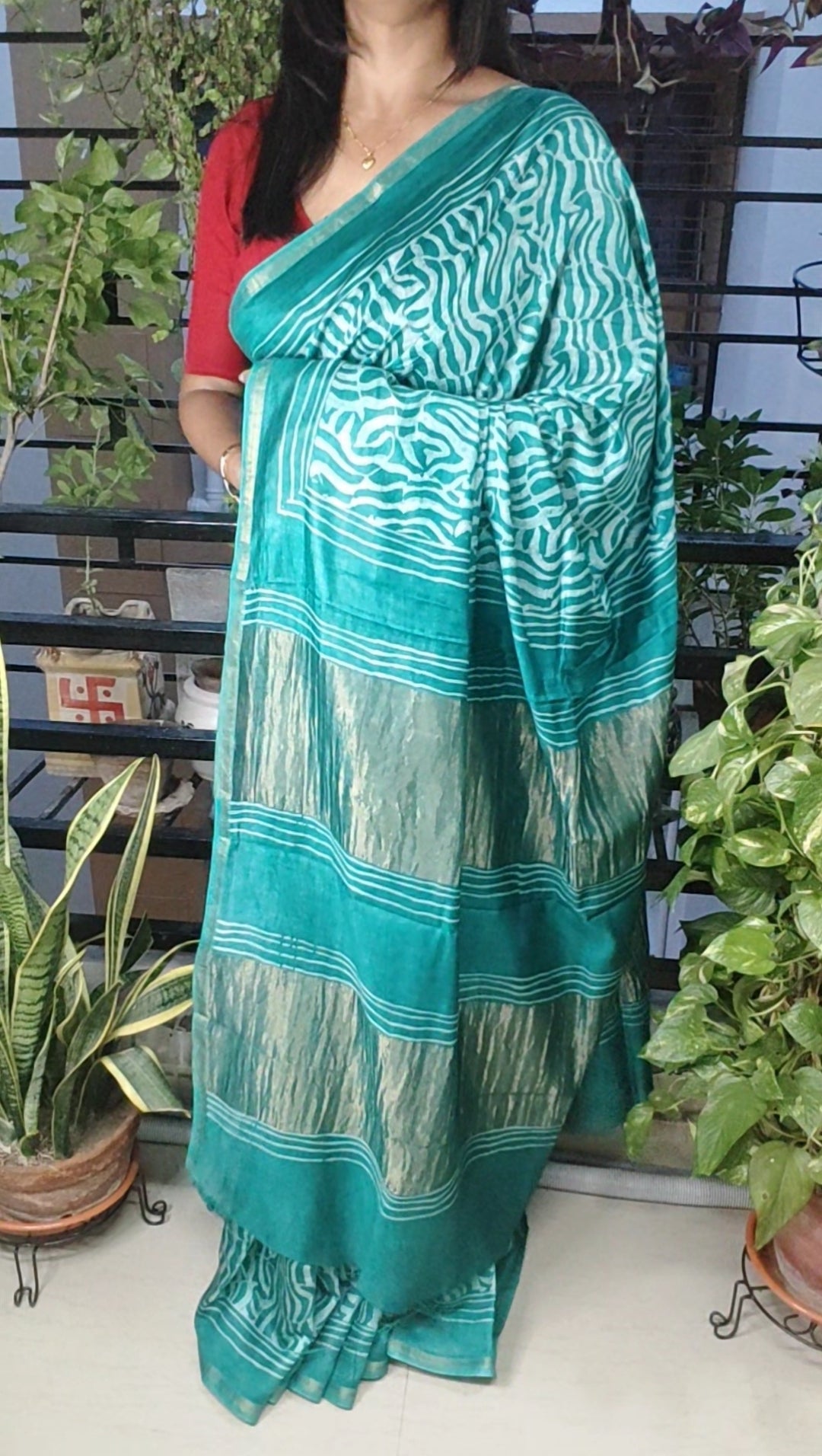 Age-old Vanaspati hand block printed Rama Green  Maheshwari Silk Saree