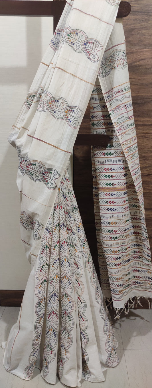Exclusive Kantha Stitch Done Off-White Khesh Cotton Saree - S279
