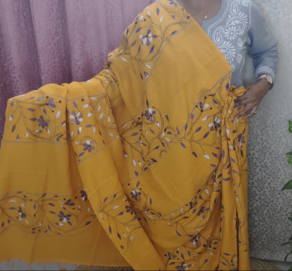 Exclusive Kantha Stitch Done Mustard Yellow Khesh Cotton Saree
