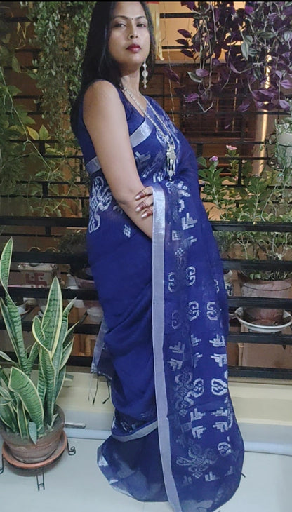 Navy Blue With Silver Zari Worked Beautiful Linen Handloom Saree