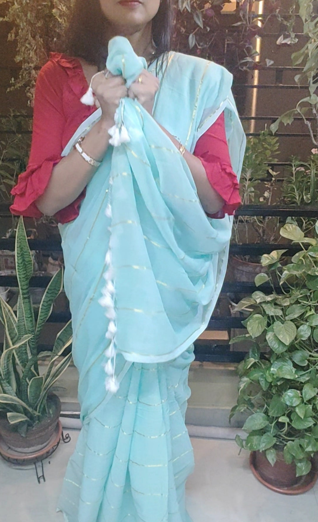 Sea Green Shaded Mul Cotton zari stripped Saree