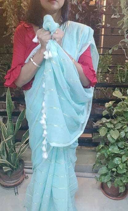 Sea Green Shaded Mul Cotton zari stripped Saree