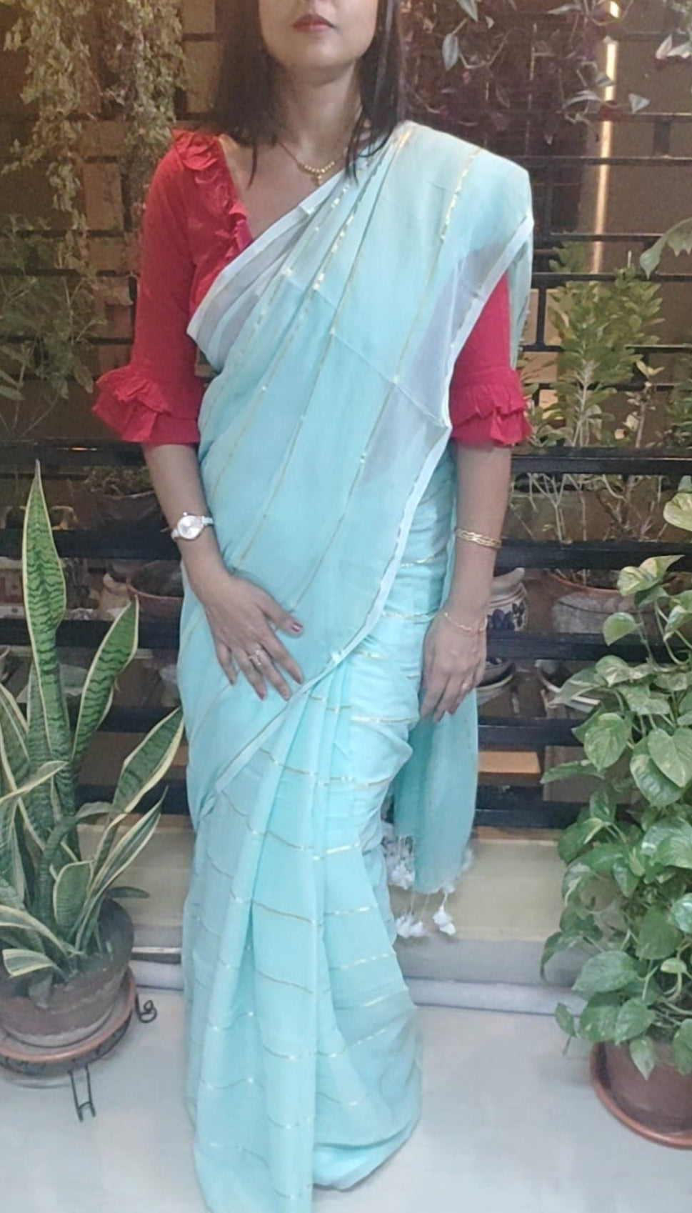 Sea Green Shaded Mul Cotton zari stripped Saree