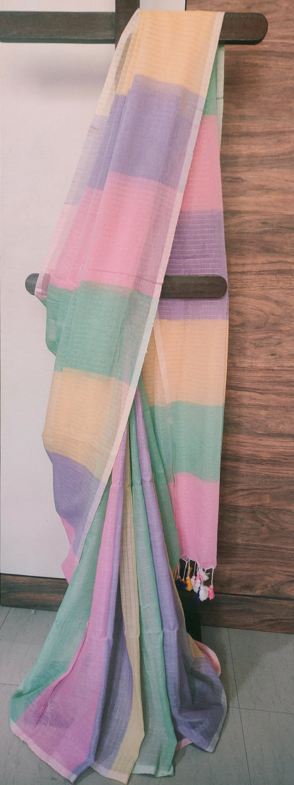 Light Shaded Multicolored Mul Cotton Saree with Zari Strips