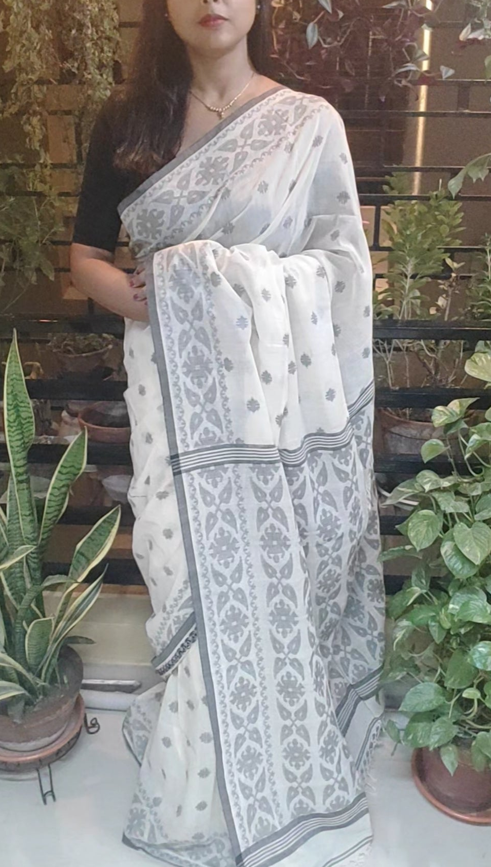 Off-White Soft Cotton Handloom Saree having threaded floral butas done