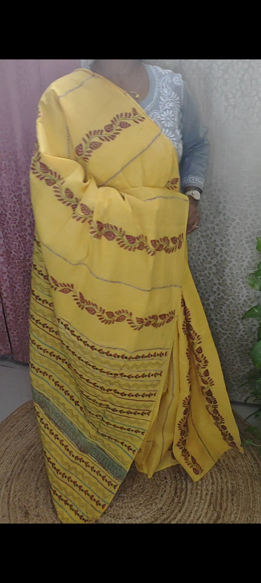 Exclusive Kantha Stitch Done Yellow Khesh Cotton Saree