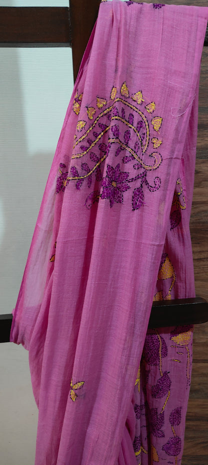 Handmade Kantha Stitch Done Pink Mul Cotton Saree - S036