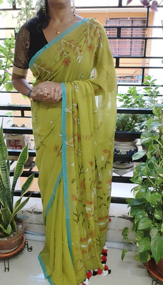 Handmade Kantha Stitch Done Green Mul Cotton Saree