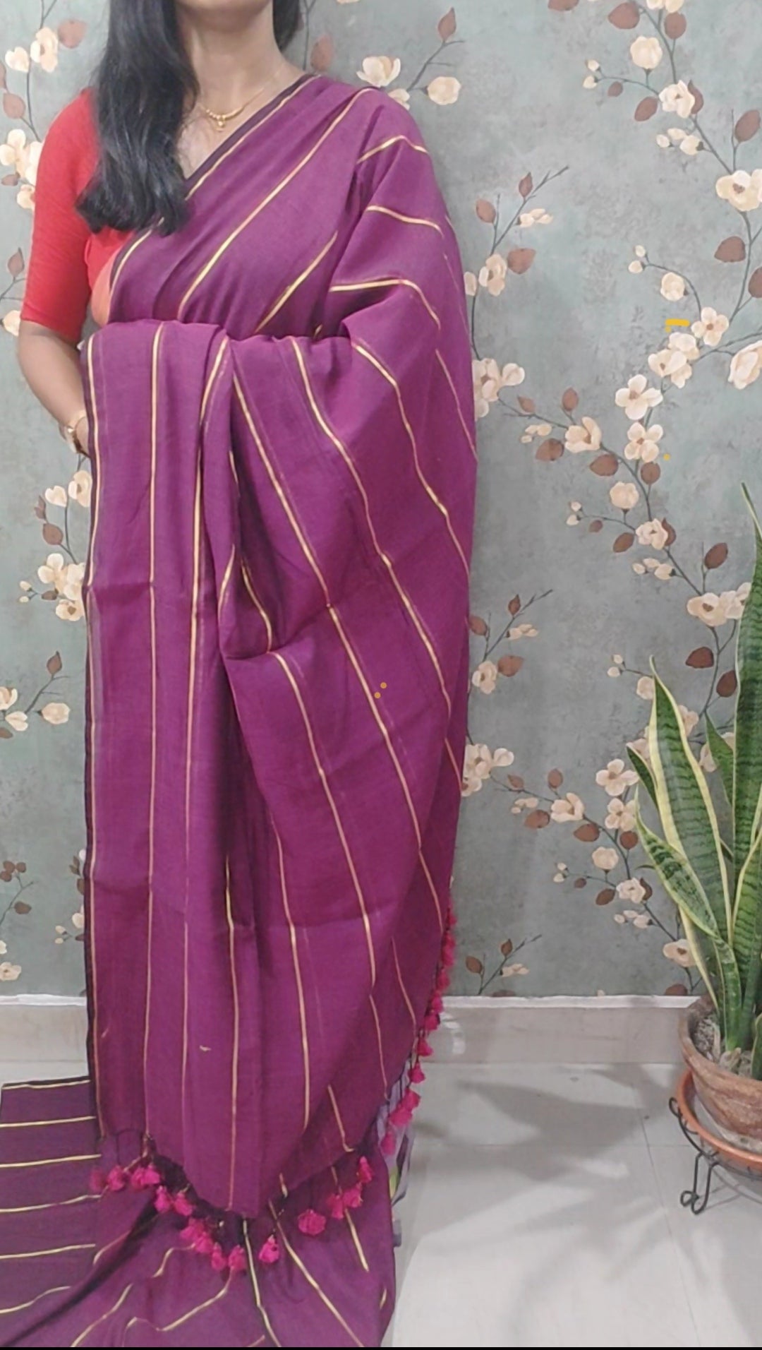 Madirima – Wine Mul Cotton Saree with Antique Zari Stripes