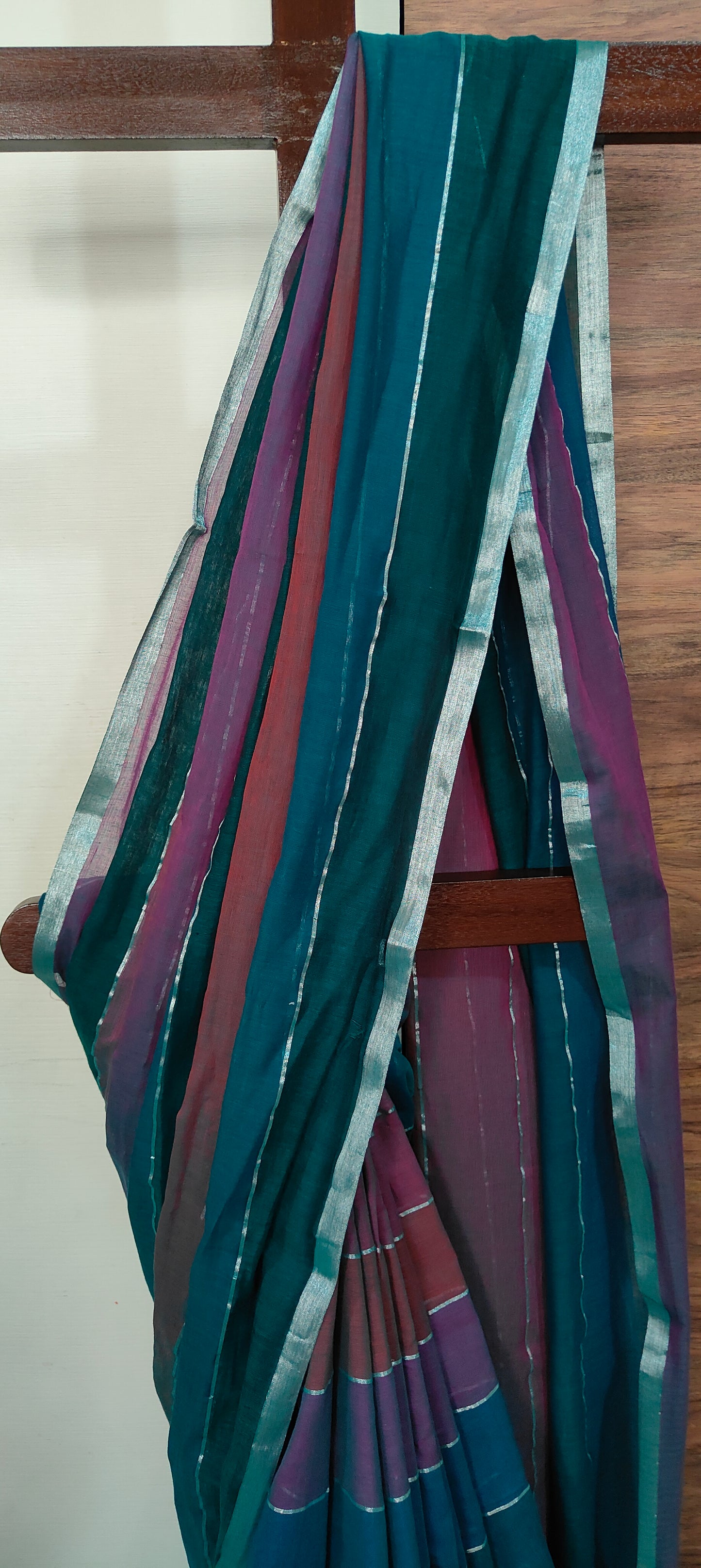 Green based Multi Colored Mul Cotton Silver zari stripped Handloom Saree