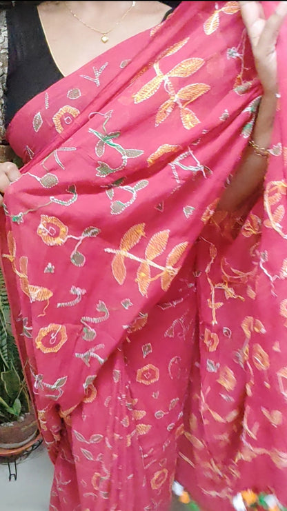 All Over Body Handmade Kantha Stitch Done Red Mul Cotton Saree