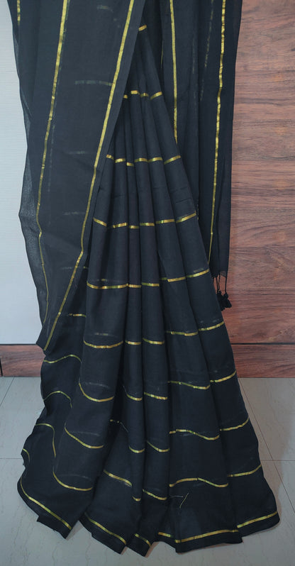 Eternal Black Mul Cotton single color zari stripped Saree