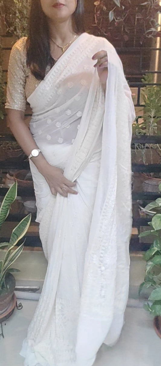 Threaded intricate lucknowi Chikankari work done White Chiffon Saree