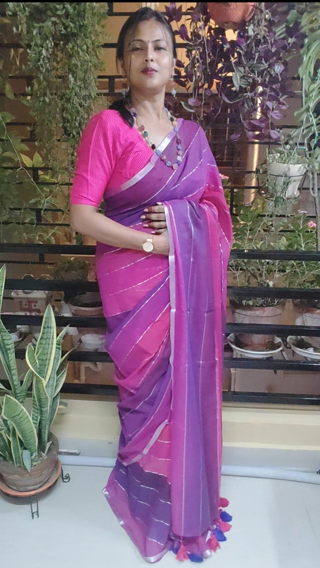 Pink based Multicolored Mul Cotton Silver zari stripped Handloom Saree