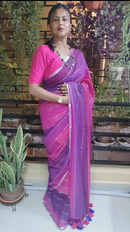 Pink based Multicolored Mul Cotton Silver zari stripped Handloom Saree