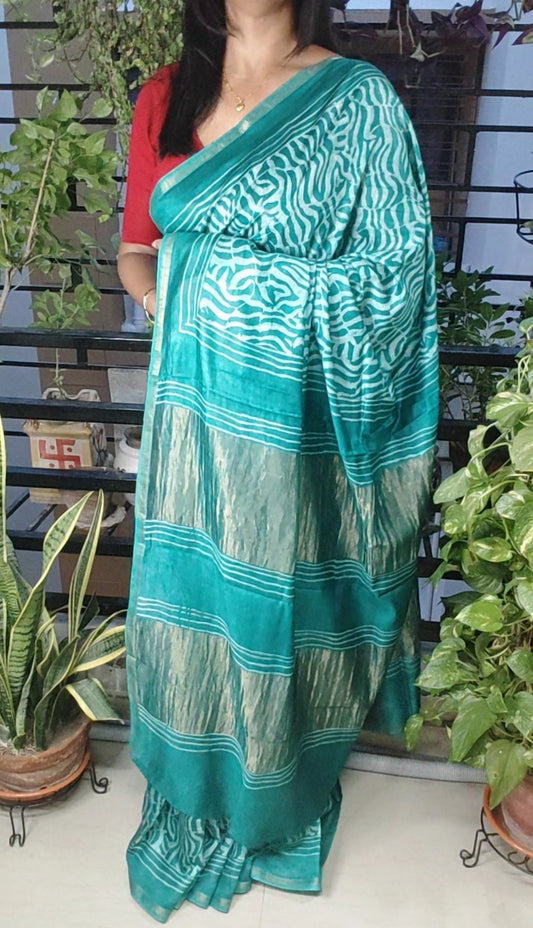 Age-old Vanaspati hand block printed Rama Green  Maheshwari Silk Saree