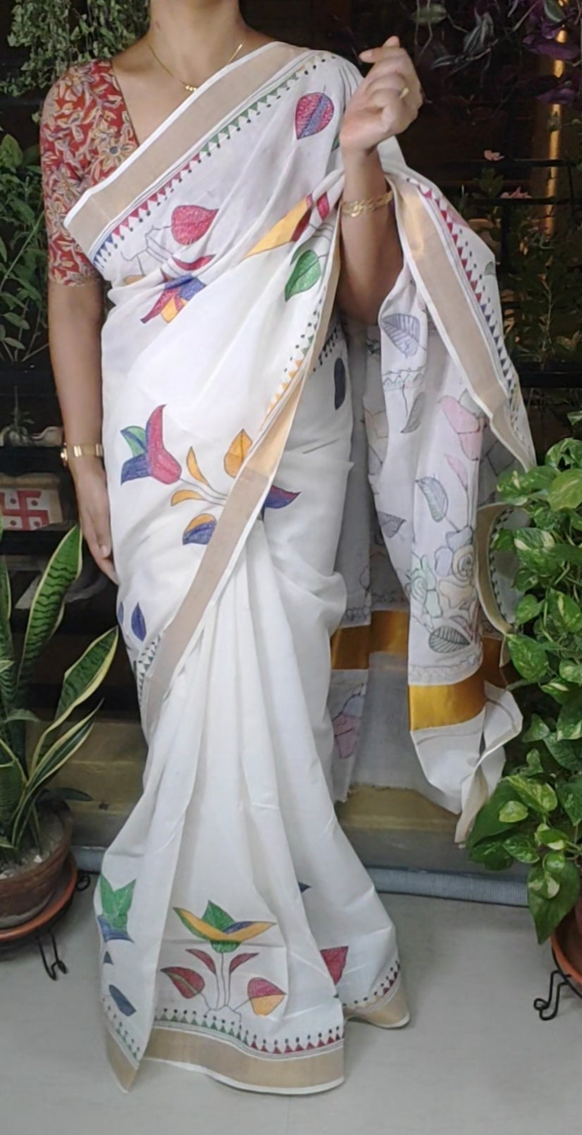 Exclusive Kantha Stitch Done White Kerala Cotton Saree