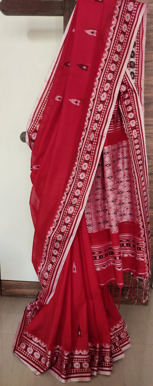 Pure Cotton Soft Passionate Red Assam Style Handloom Saree