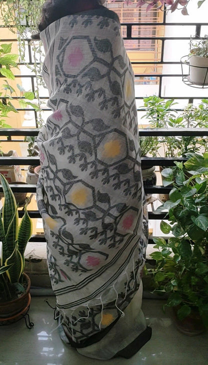 White Base With Black Thread Worked Linen Handloom Saree