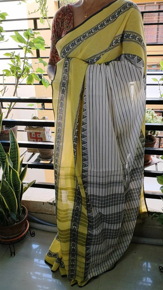 Yellow Korke Dure Threaded motif done Saree