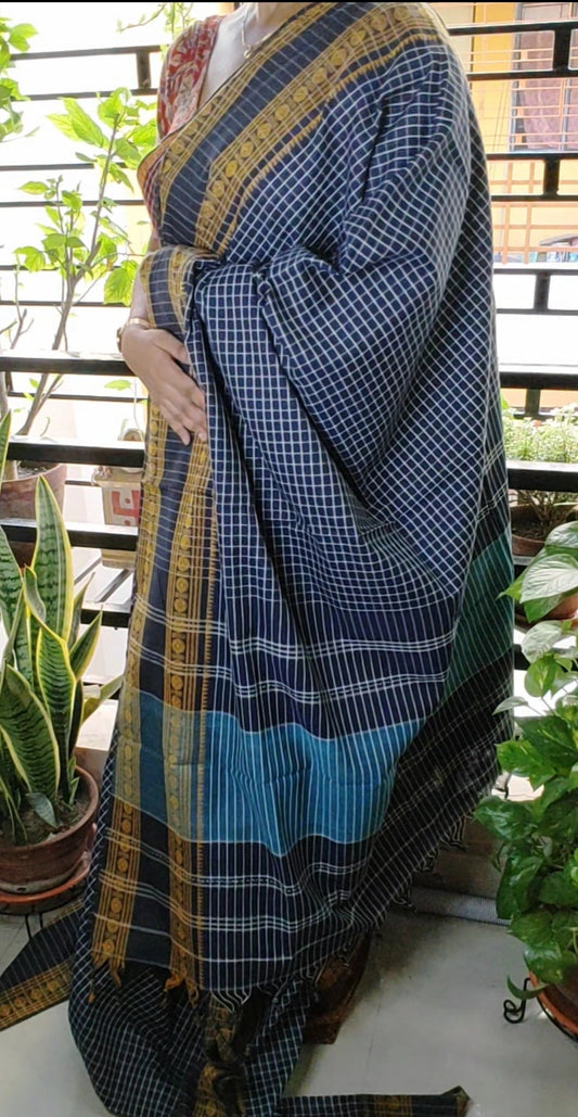 Navy Blue Korke Dure Check body contrast traditional border saree