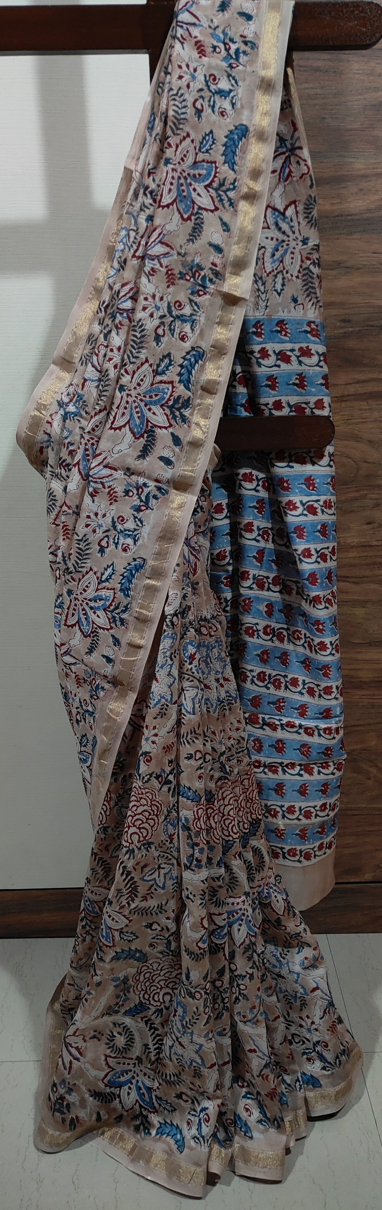 Pinkish Beige Shaded Chanderi Silk Cotton Hand Block Printed  Saree