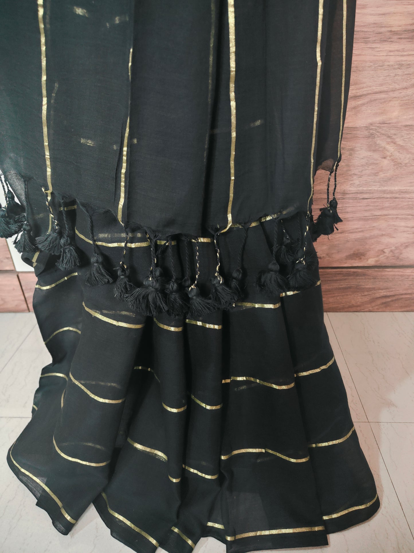Eternal Black Mul Cotton single color zari stripped Saree