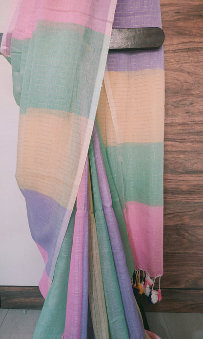 Light Shaded Multicolored Mul Cotton Saree with Zari Strips